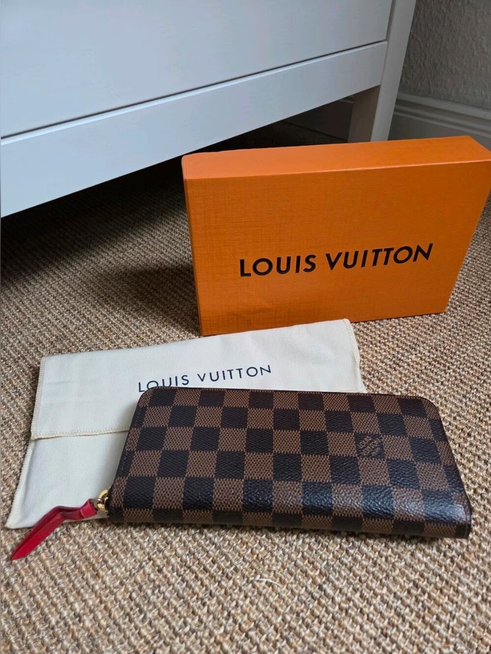 Louis Vuitton Damier Ebene Zip Wallet with Red Pull Tab